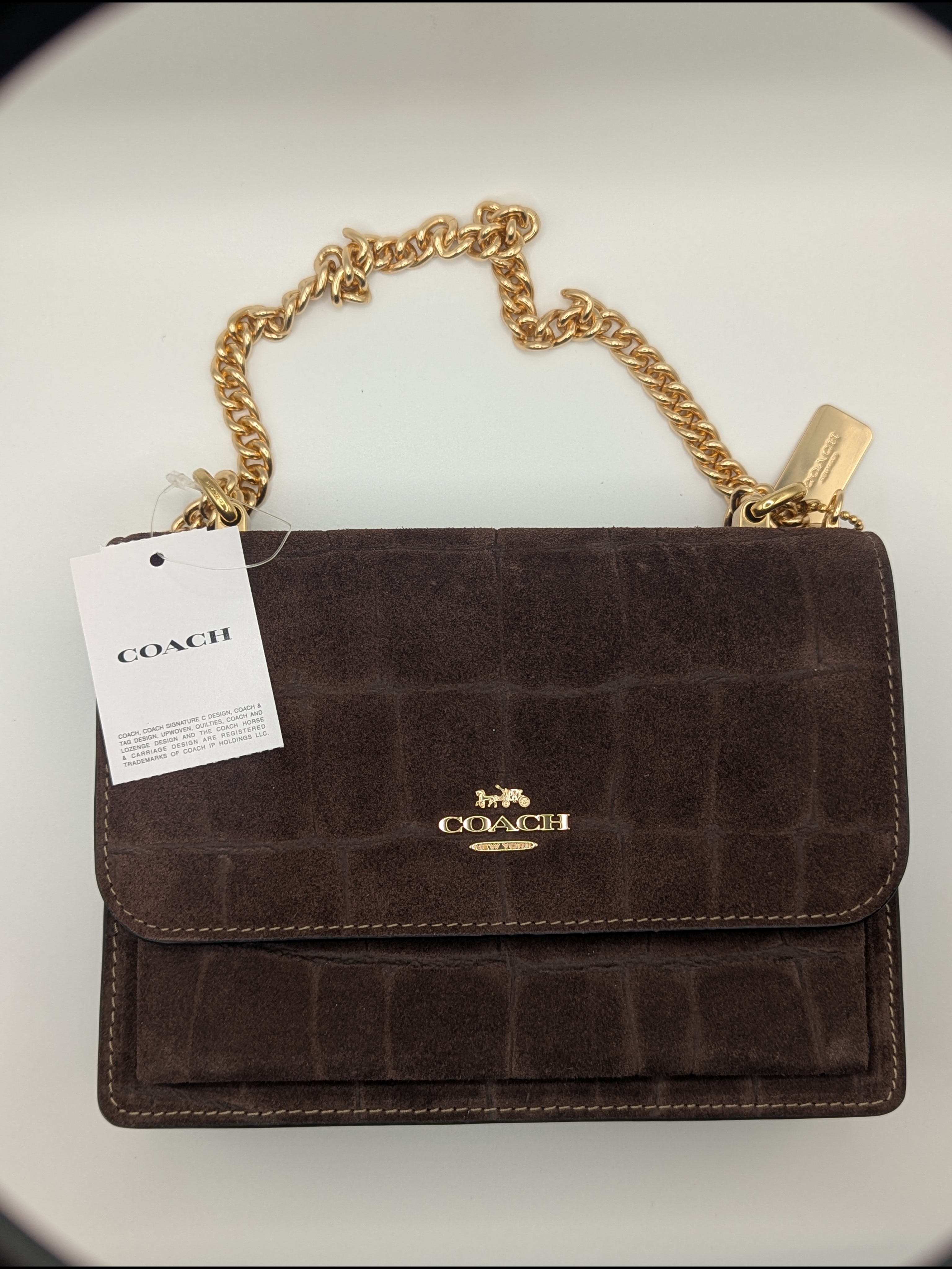 Nwt Coach Klare Brown Croc Suede Crossbody Bag Gold Chain C8869